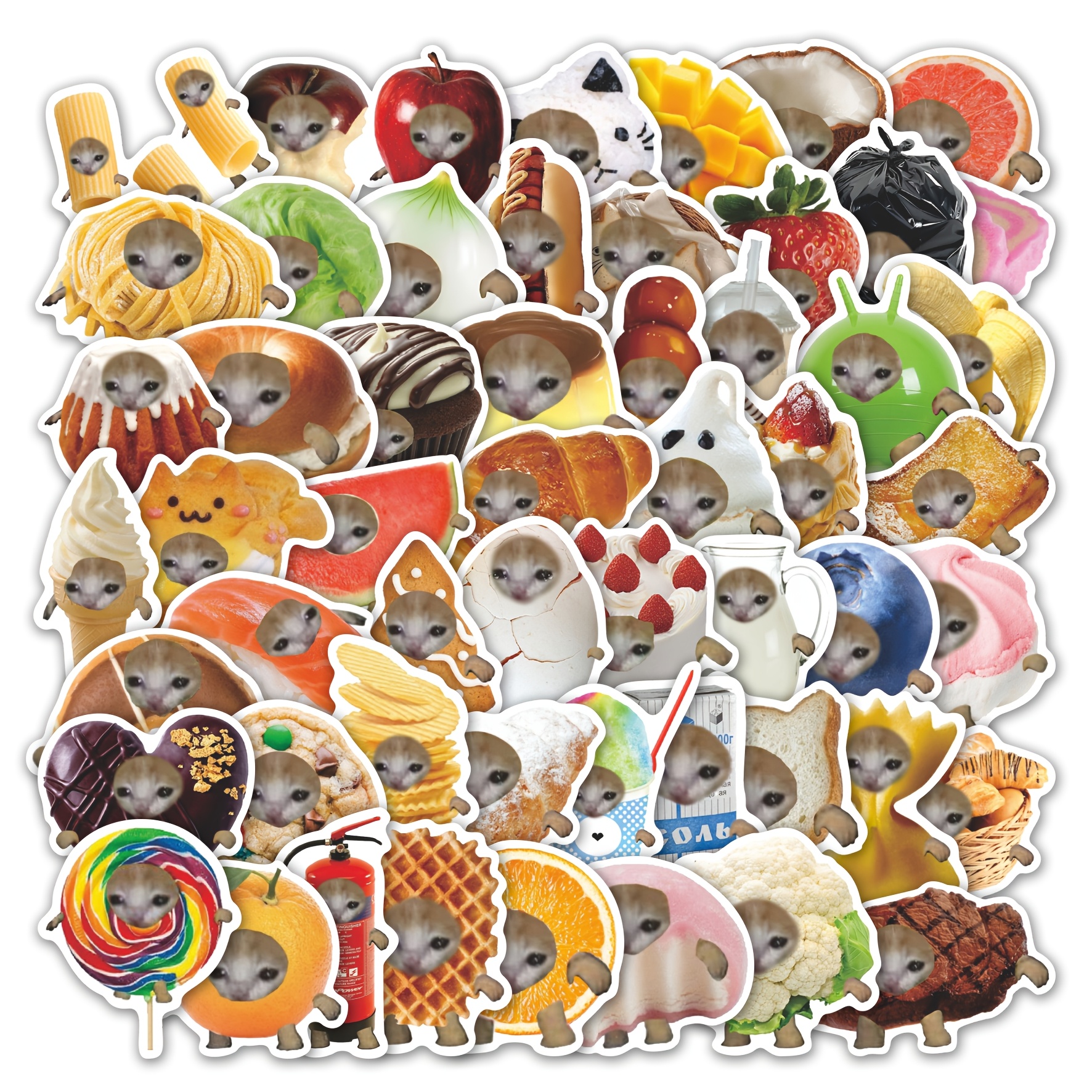 Image of 55pcs Funny Food & Style Stickers Pack | Whimsical Vinyl Decals With Cute Creature- Graphics | For Laptop, Journal, Water Bottle & Gift | For Humor Fans, Aesthetic Enthusiasts & Vibe Lovers