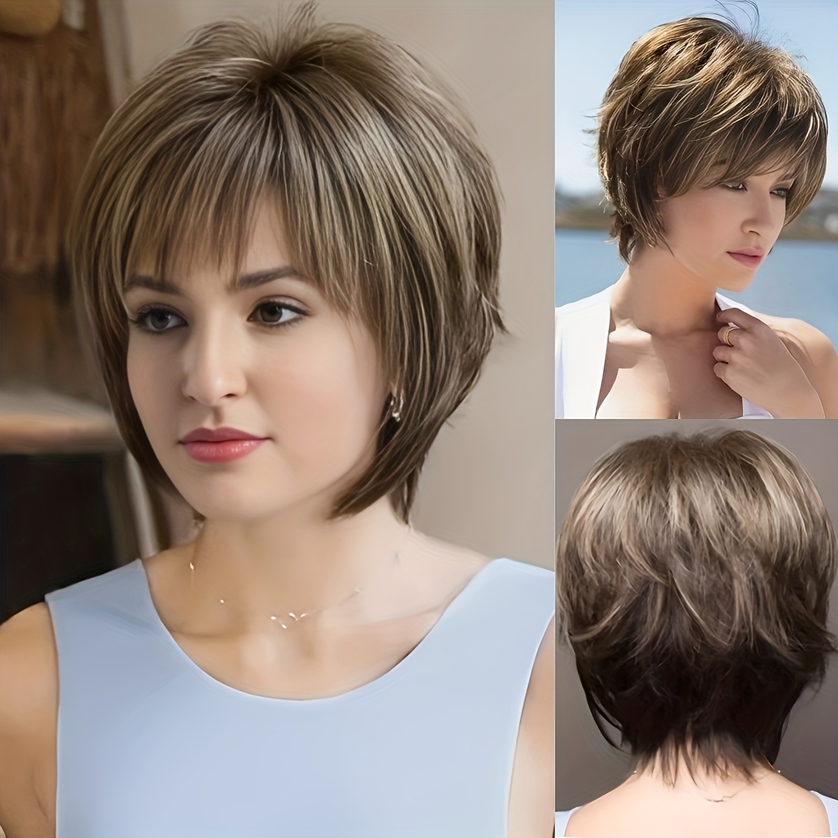 TEMU Women's Fashionable Mixed-color Brown Short Wig With Bangs, 10 Inches, Heat-resistant Synthetic Fiber, Comfortable Mesh , Suitable For All And ,