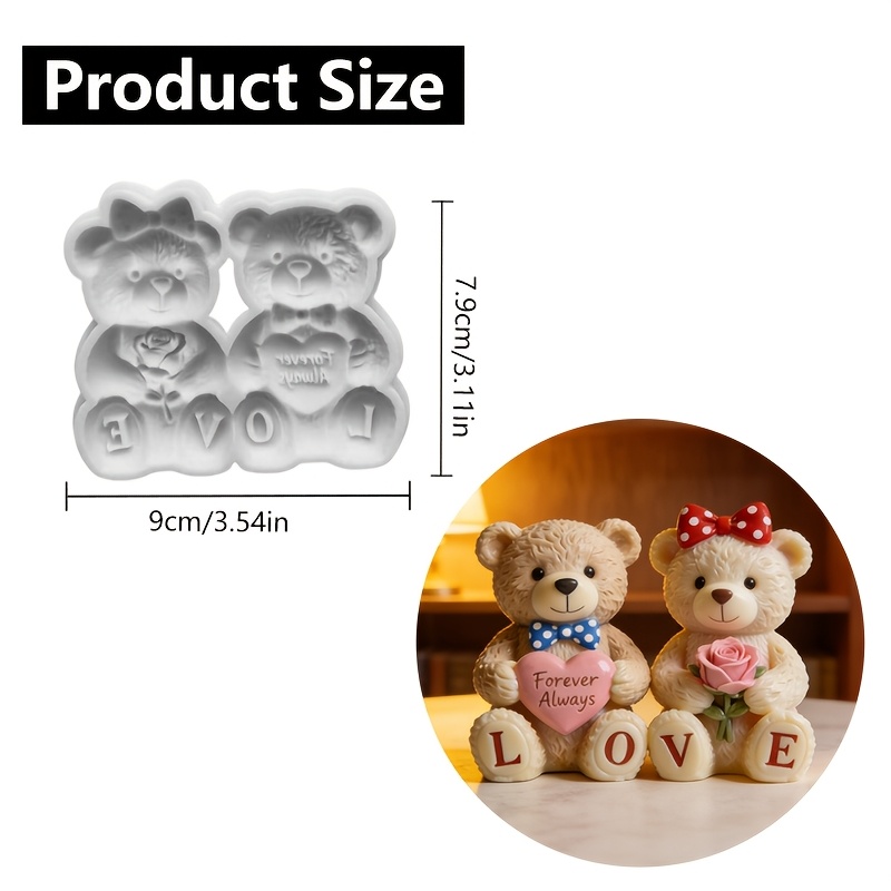 E-shop Paar-Bär Silikonform für DIY Seife, Harz, Ton & Zement Basteln - Liebesbär mit Herz & Blume 'LOVE' Fußbuchstaben, unregelmäßige Form für
