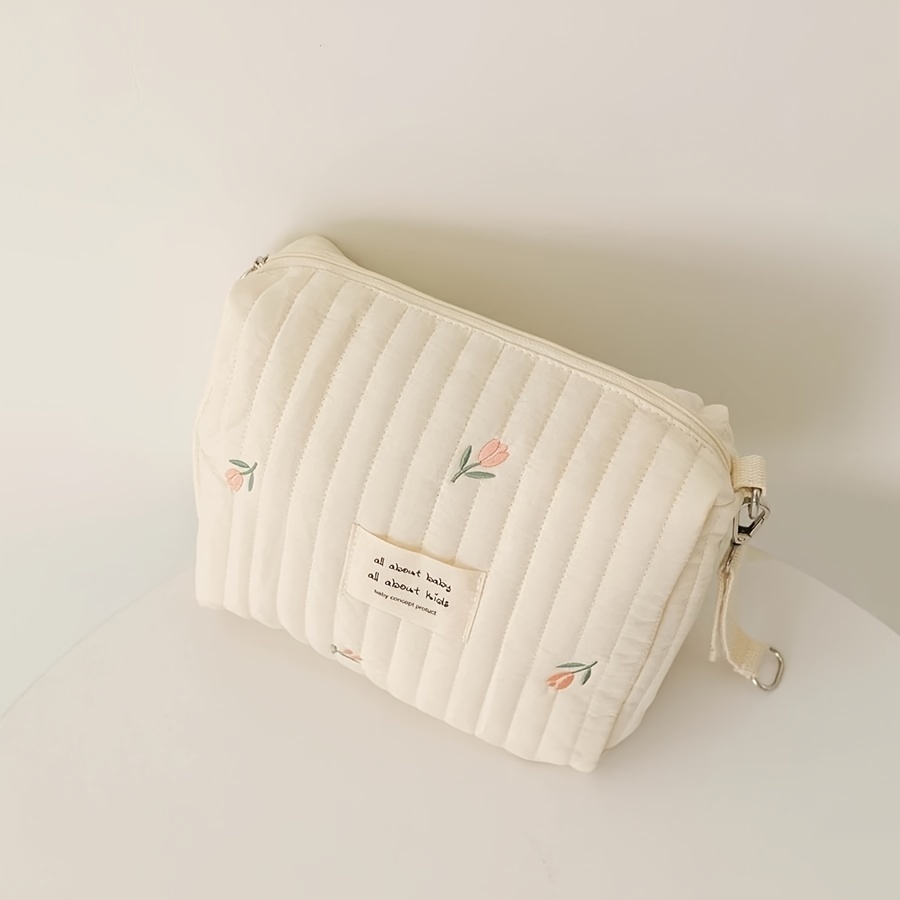 [1pc Embroidered Diaper Clutch Bag] Embroidered Diaper Clutch Bag for Strollers, Polyester Quilted Organizer Pouch with Zipper, Cute Floral Design, for Ages 14+