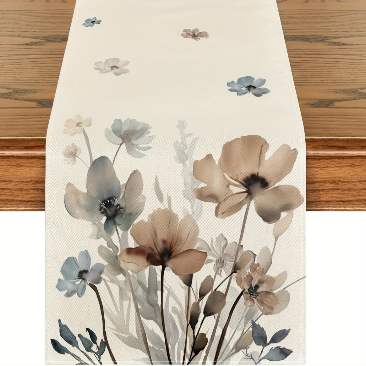 

1pc, Table Runner, Brown Poppy Floral Leaves Pattern Spring Table Runner, Seasonal Summer Kitchen Dining Table Decoration For Home, Party Decor