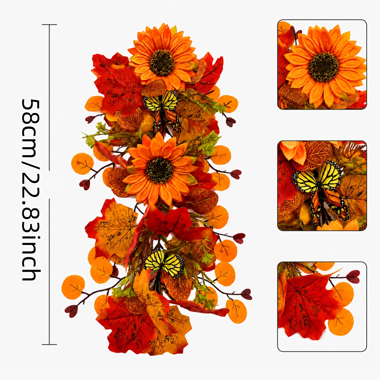 1pc Autumn /autumn Decorative Vine Wreath, Featuring Main Elements Including Orange Sunflowers, , Round , Vine Branches, , And Butterflies. Style, Halloween, Christmas Decor
