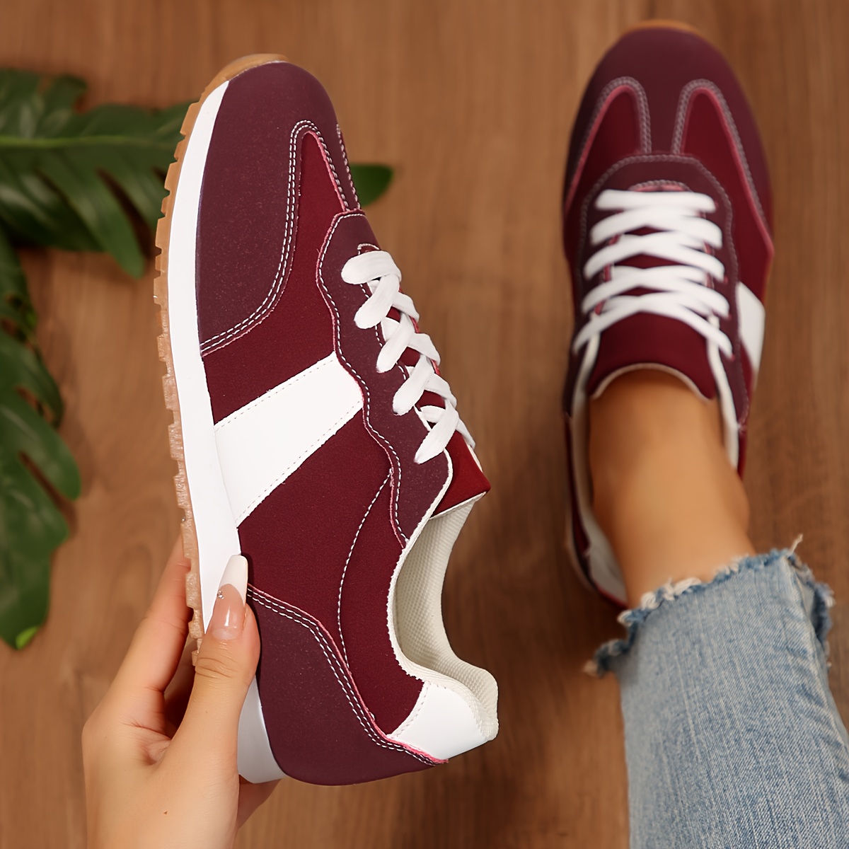 womens low top sneakers   round toe sneakers with arch support cushioned tpr sole synthetic cover upper burgundy white   white laces casual gym casual attire comfortable versatile all purpose shoes 2025 spring autumn   lace up closure breathable fabric lining insole durable tpr sole hand   clean   in burgundy white gym footwear sporty design lightweight construction supportive footwear women Product details 3