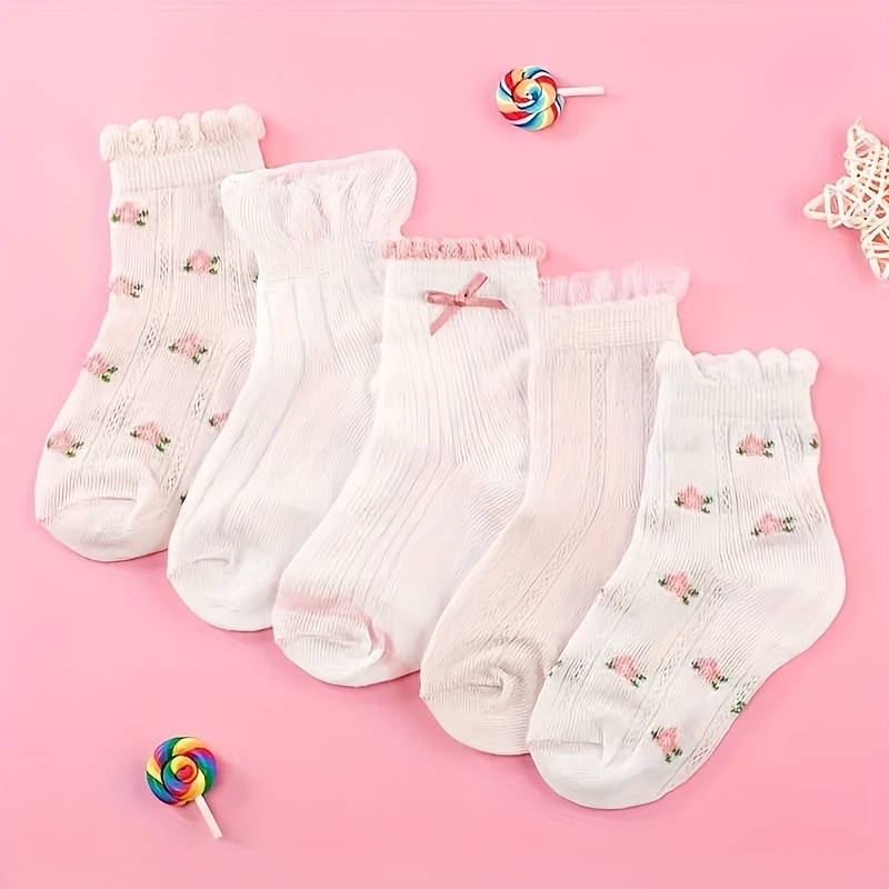 

5 Pairs Of Girl's Cute Style Mid-calf Socks, Comfy, Breathable Thin Princess Socks For Spring And Summer, Creative Gift