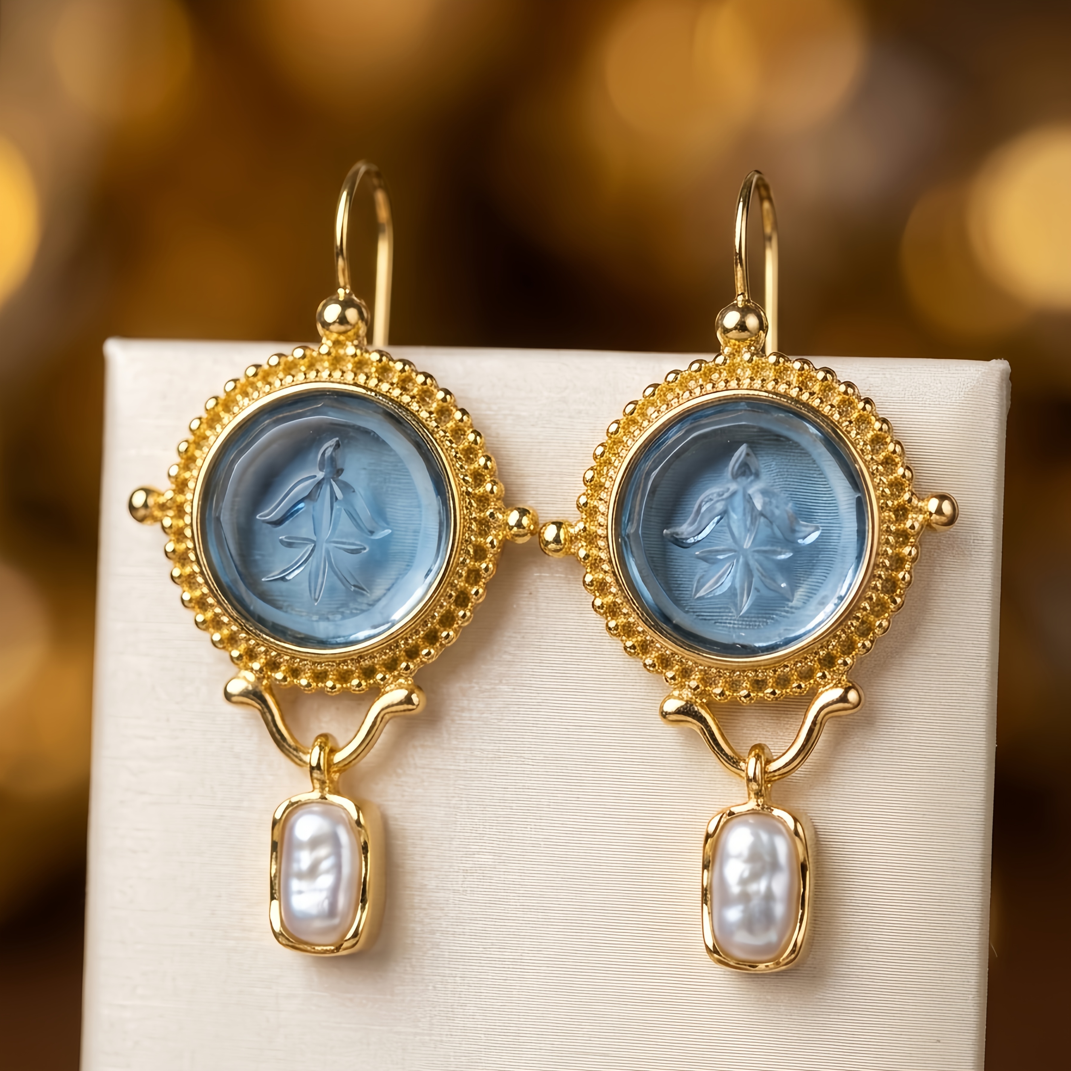 TEMU 1 Pair Fashionable Elegant Bohemian Blue Glass Geometric Pendant Earrings, Retro Shaped Design, Classic Court Style, Exquisite Holiday Gift For