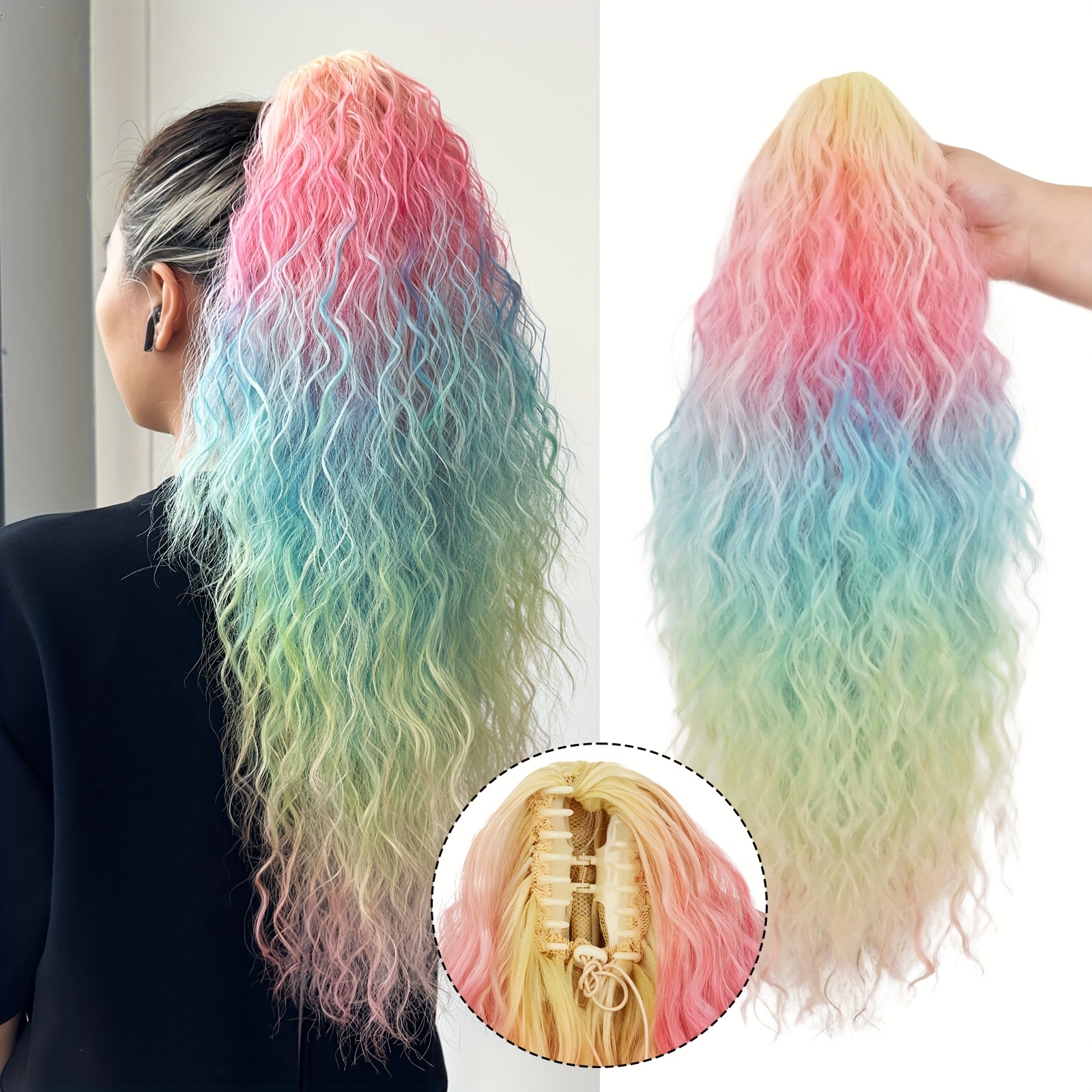   66.04cm multicolor long curly ponytail extension - synthetic hair claw clip-in with drawstring, natural look for women, deep  ,  , easy to style, party hair accessory, vibrant hairpiece details 3