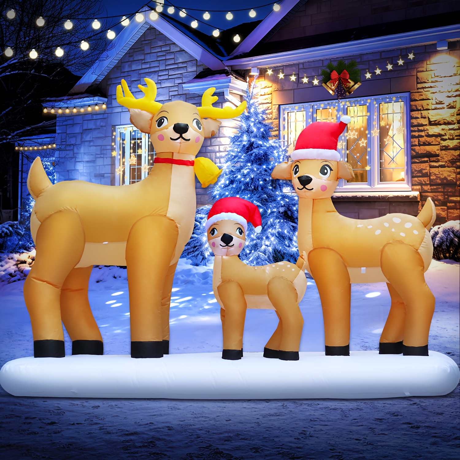 

8ft Long Huge Christmas Inflatable Reindeer Family Decoration, Led Lights Holiday Blow Up Decoration For Holiday Party Garden Lawn Winter Decor