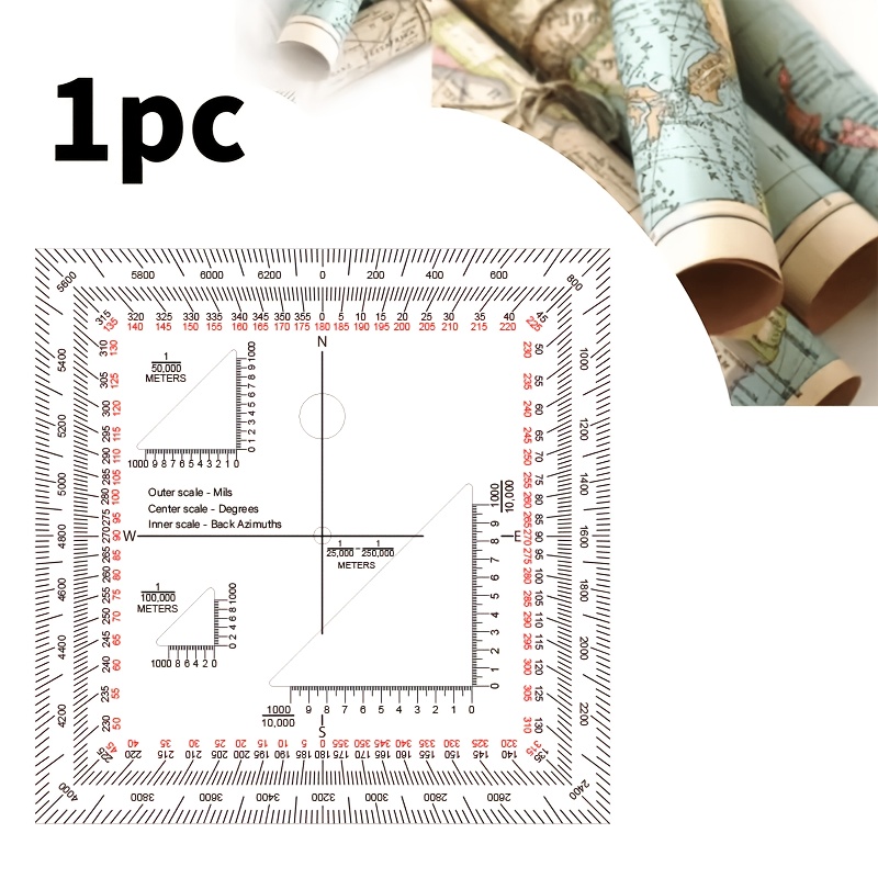 TEMU 1pc Map Protractor With Scale, For Round And Right , With Scale, Suitable For Land Navigation, Orienteering, Hiking, Camping, And Tactical Map
