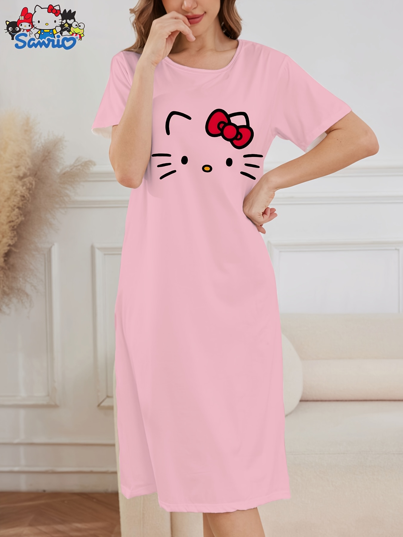 * Family Women's Pink * Printed Long Dress Pajamas, Spring/Summer Short  Sleeve