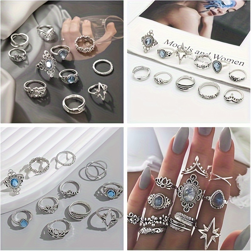 

11pcs Vintage Synthetic Gemstone Ring Set, Bohemian Moon And Star Inlaid Carved Ring, Antique Jewelry For Layered Stacking, Bohemian Fashion Accessory