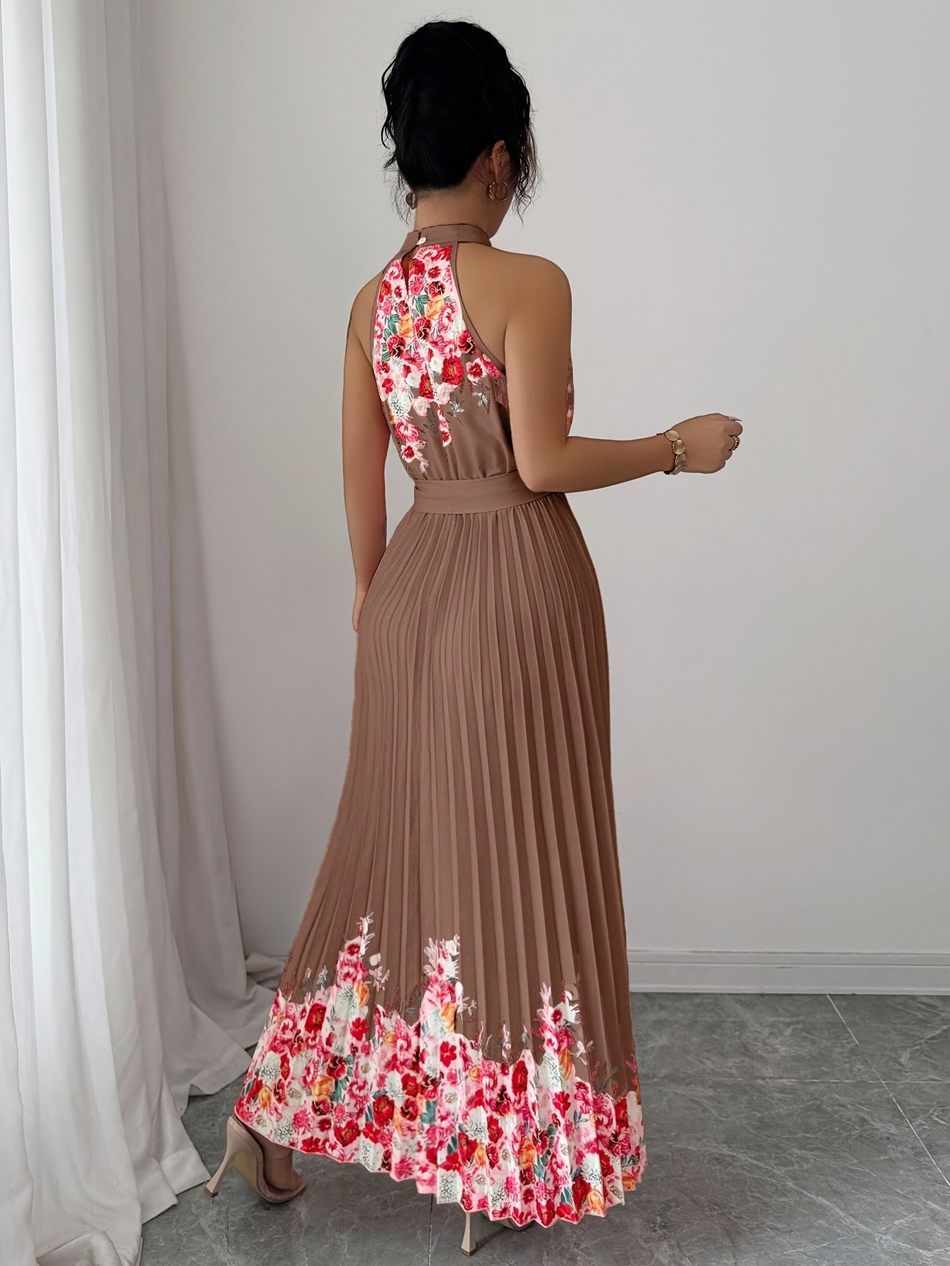 Fashionable New Women'S Summer Halter Floral Print Pleated Dress