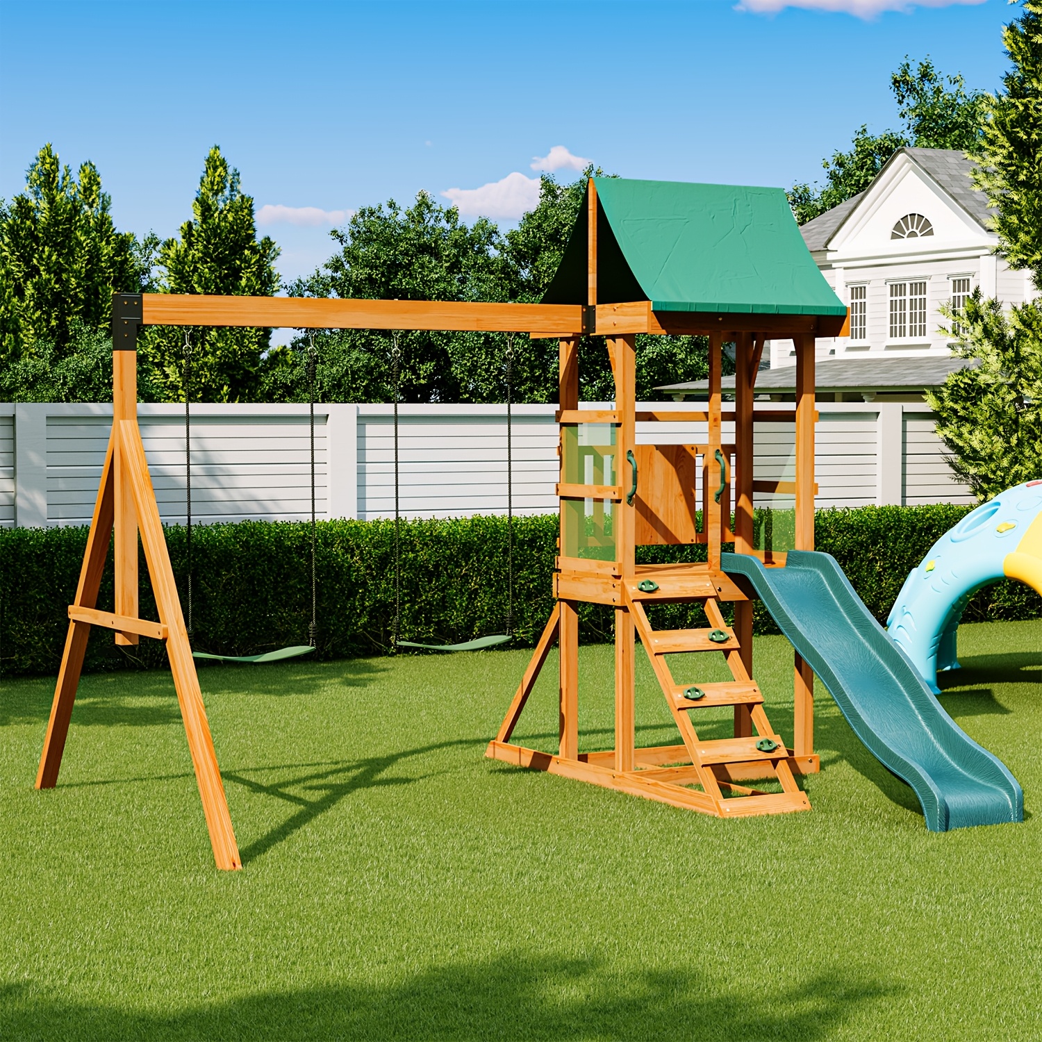 Nordivale 10-in-1 Multifunctional Outdoor Playground 11x9ft Playground Set Outdoor Wooden Swing Set With Canopy - Sturdy , 200kg Load, Safe Play