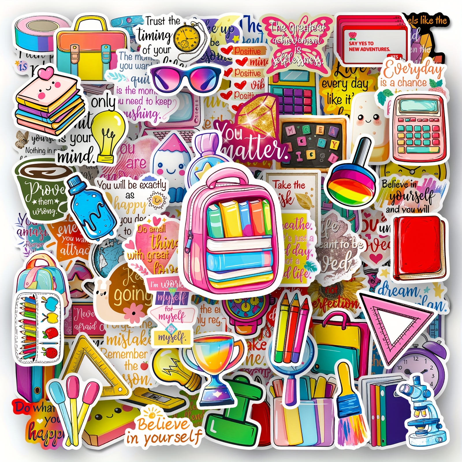 Image of 100pcs Graffiti Colorful Stationery Stickers, Vision Board Motivational Text Stickers For Laptop, Car, Luggage, Projects And Party, Favors, Non-repeat Cartoon Stickers For Teens And