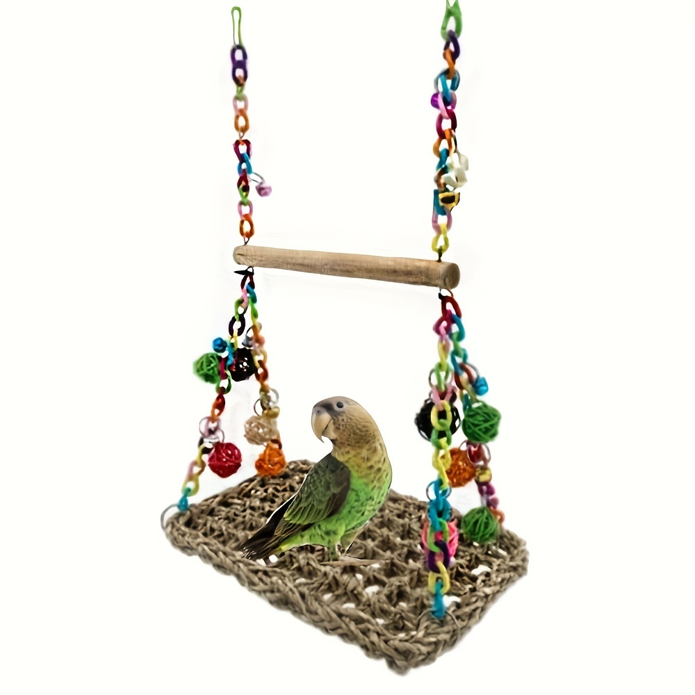 Bird Swing Toy, Climbing Net Swing, Bird Pet Playing Hammock With Chewing Balls, Colorful Hanging Rope And Bells, Bird Cage Additions Woven Parrot Perch Stand