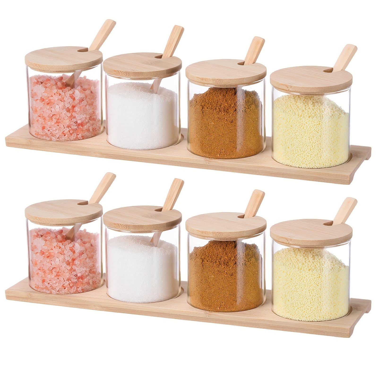 8pcs 10oz clear glass seasoning jar with wooden lid and spoon adorable sugar condiment jar canisters pot set bath salt sugar storage container box for   kitchen Product details 1