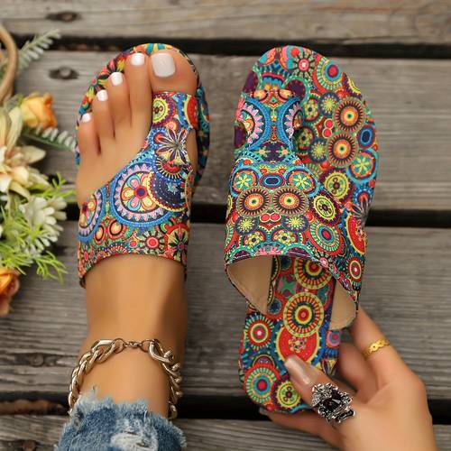womens bohemian floral pattern slippers sandals casual ring toe flat summer shoes lightweight slippers