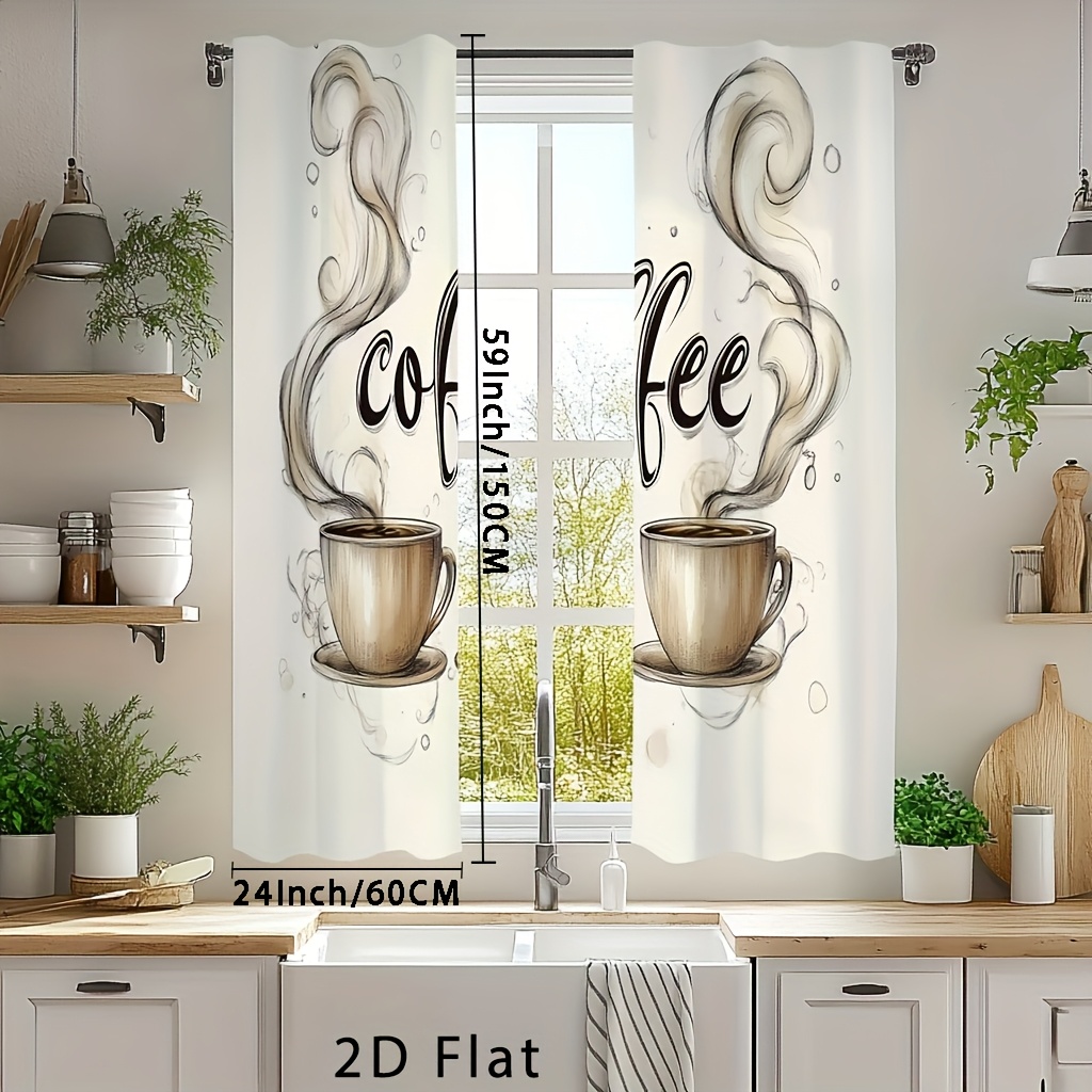 TEMU 2d Flat, 2pcs, 2d Flat Coffee Printed Curtains, Kitchen Curtins, Hotel Curtains, Living Room Curtain, Cortinas Para Cocina, Side Door Window