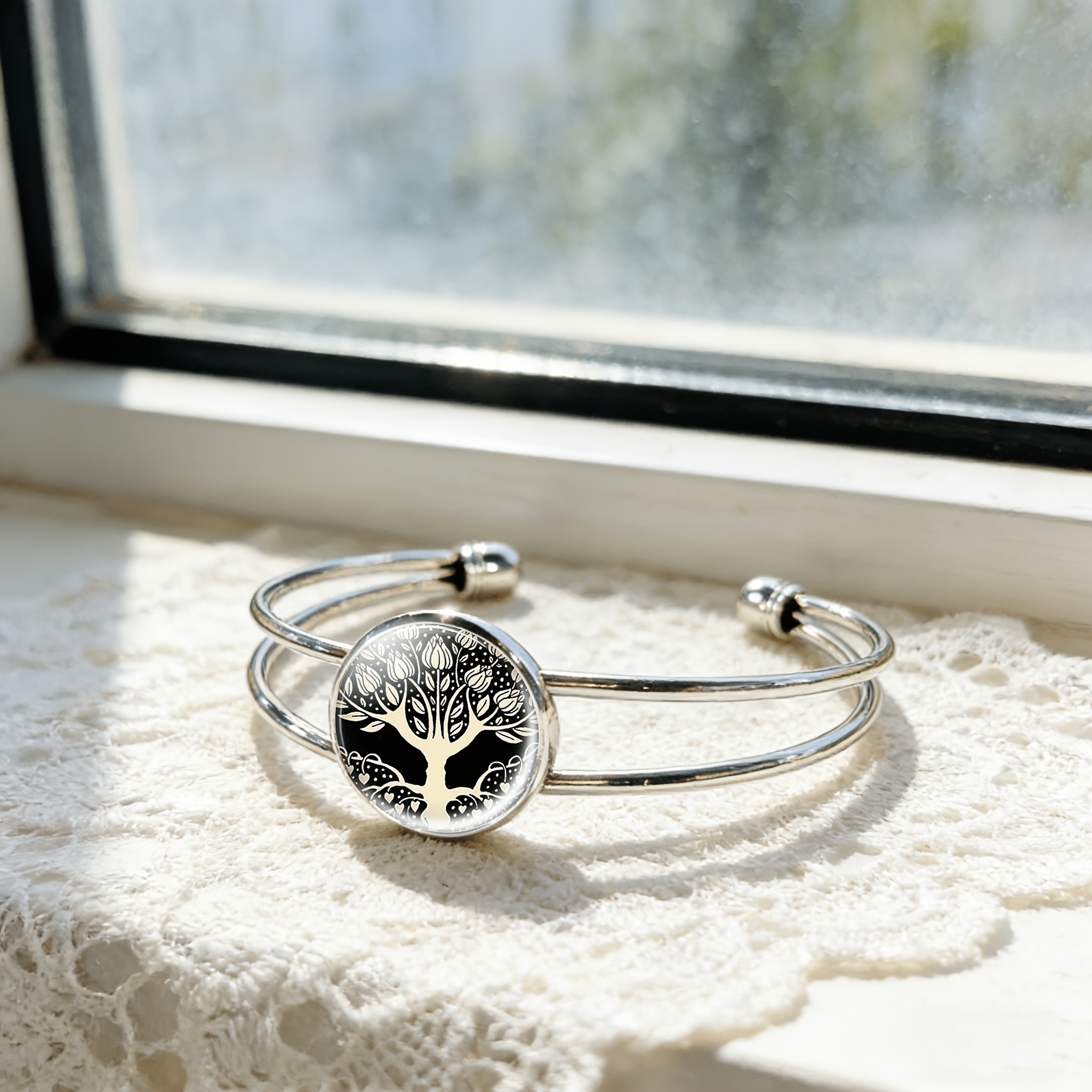Adjustable Open Bangle with Round Gemstone Inlay, Tree of Life Design