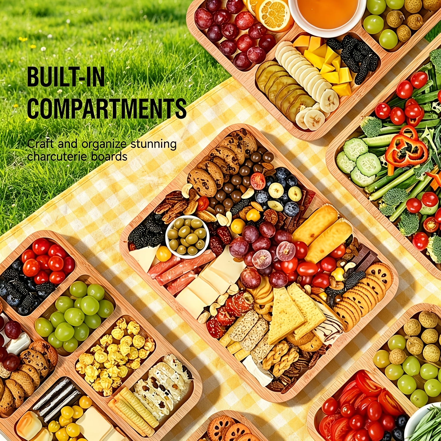 Image of Portable Bamboo Charcuterie Tray With -on Lid, 6-section Food-grade Bamboo Cheese Board Cutting Board, Multi-compartment Serving Platter For Picnic Camping Party Restaurant