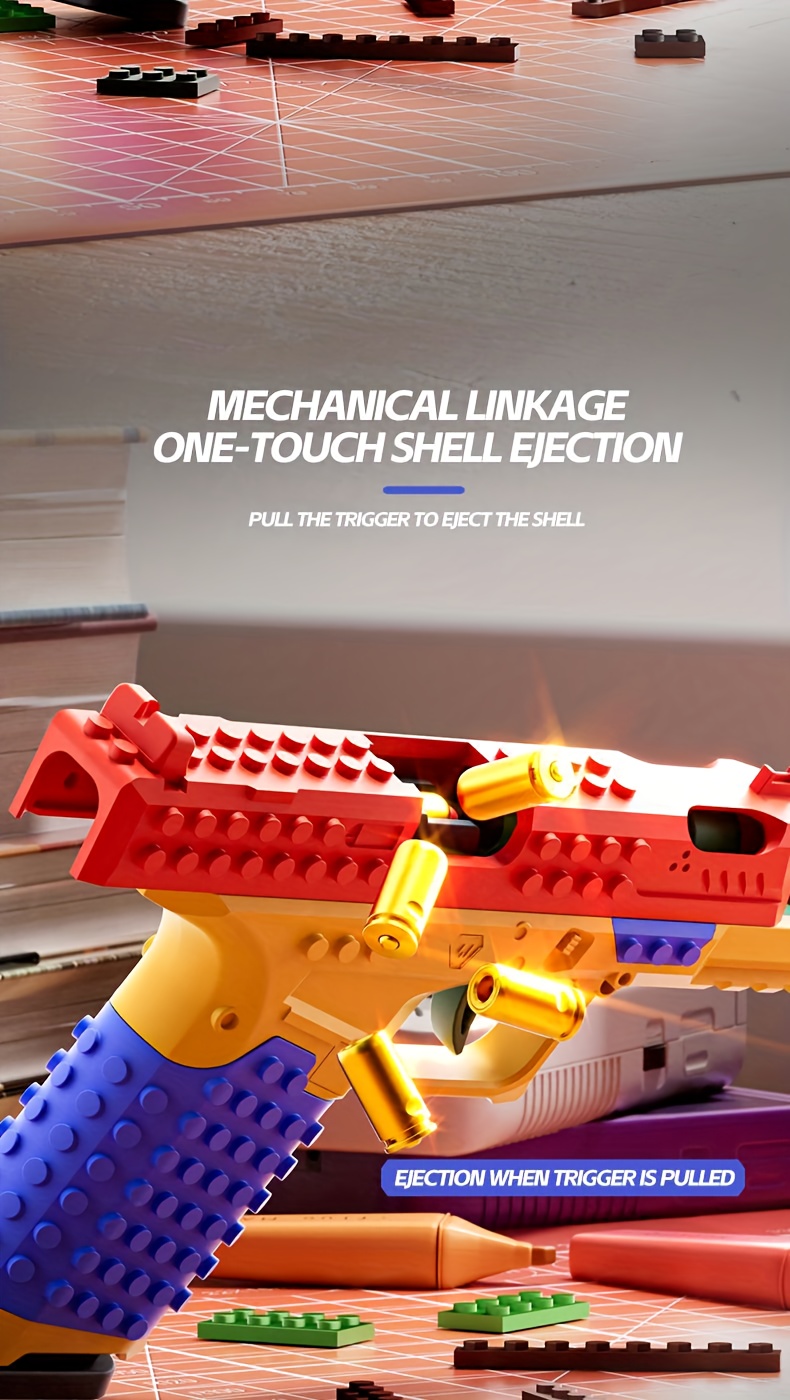 an   model of a building block gun featuring a realistic   system this safe and non toxic stem toy requires no batteries and   in a vibrant red yellow and blue color scheme making it   christmas birthdays Product details 4