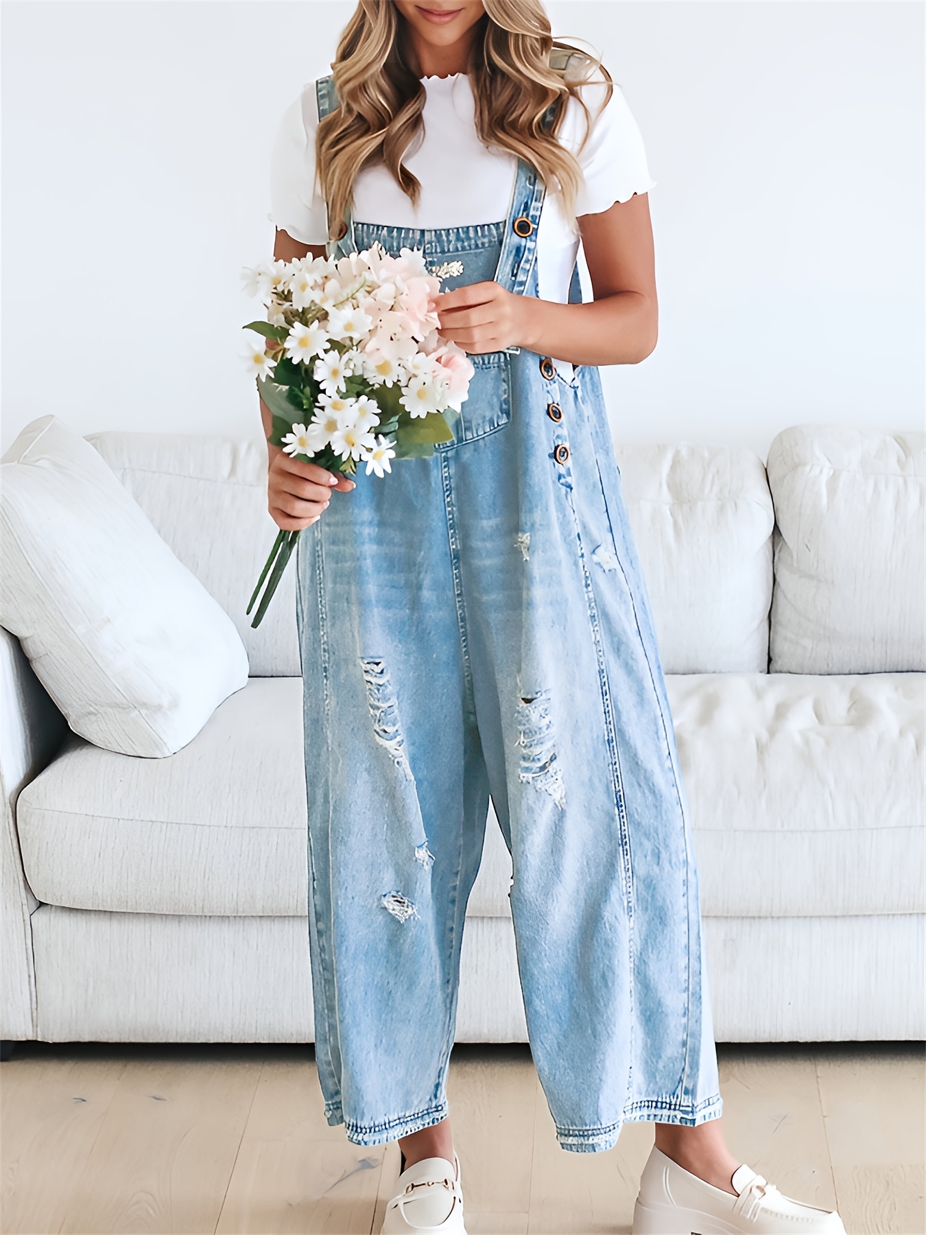 Knee Length Puntoco Plus Size Dresses Womens Denim Overalls Dress