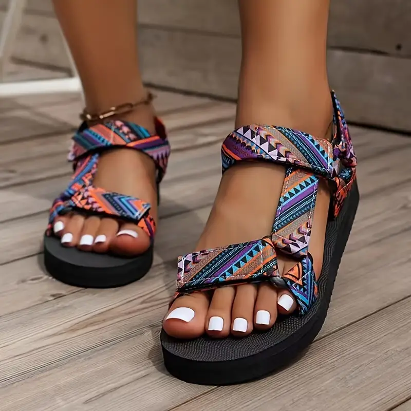 womens bohemian style lightweight flat sandals with adjustable straps breathable linen fabric non slip rubber sole floral print summer casual travel essentials thin strap design comfy round toe shoes vacation shoes Product details 2