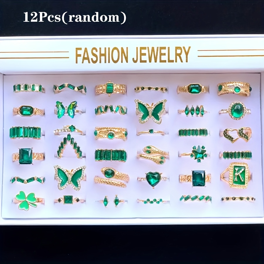 TEMU Lot de 12 bagues de luxe pour femme en alliage incrusté d' synthétique, ensemble multi-pièces élégant de styles mixtes vintage, accessoires pour
