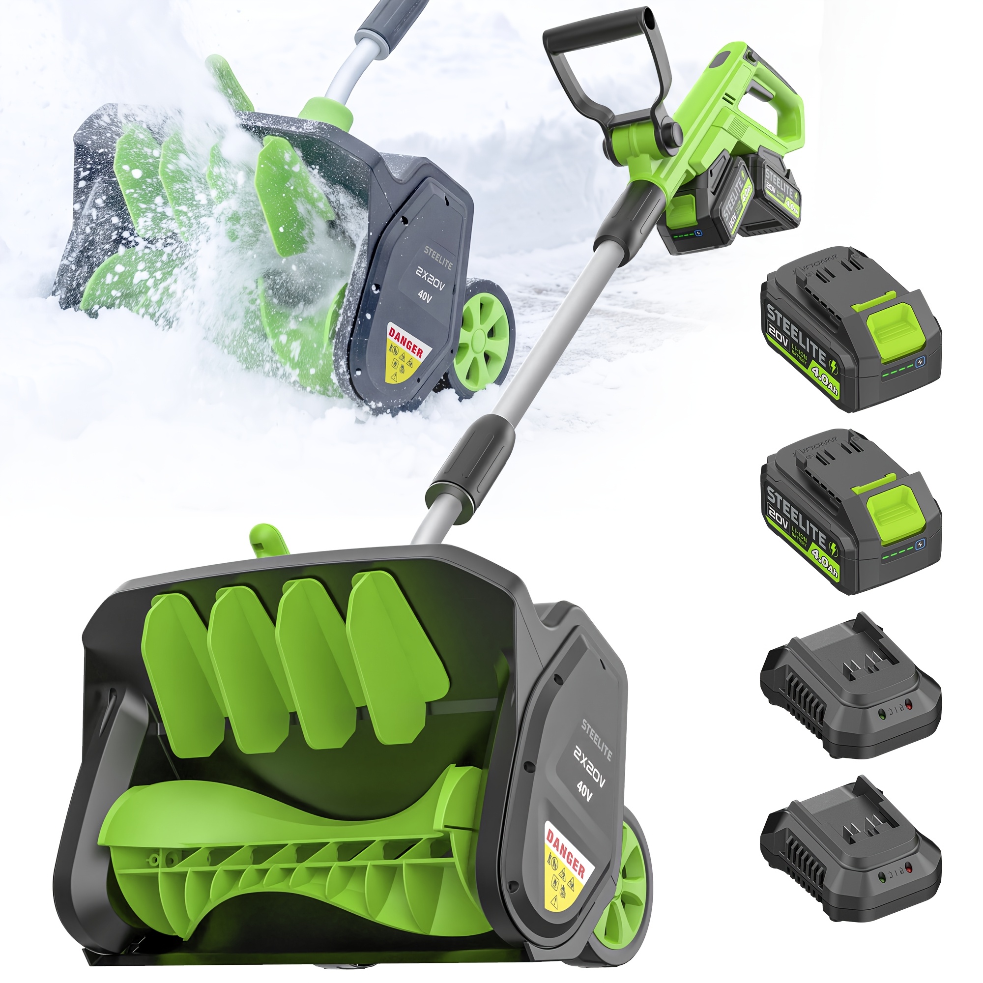 TEMU Pelle à neige fil Deli 2*21V 17 pouces avec roues, à neige à batterie avec moteur balais, 2*batteries 4,0 Ah et double chargeur rapide inclus,