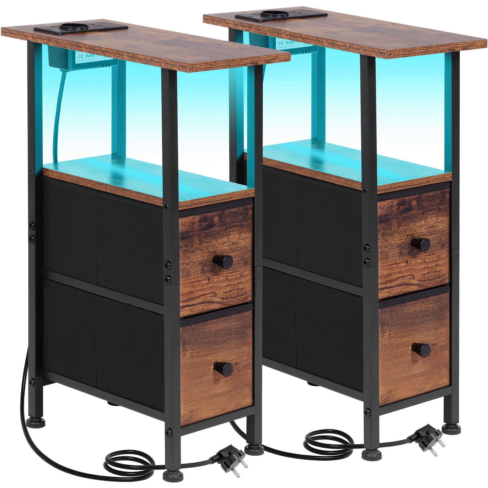 Image of Amhancible 2pcs Narrow Bedside Table, Industrial Sofa Table With Charging Station, Bedside Table With 2 Fabric Drawers, Bedside Table For Small Spaces, Accent Furniture In Wood Look