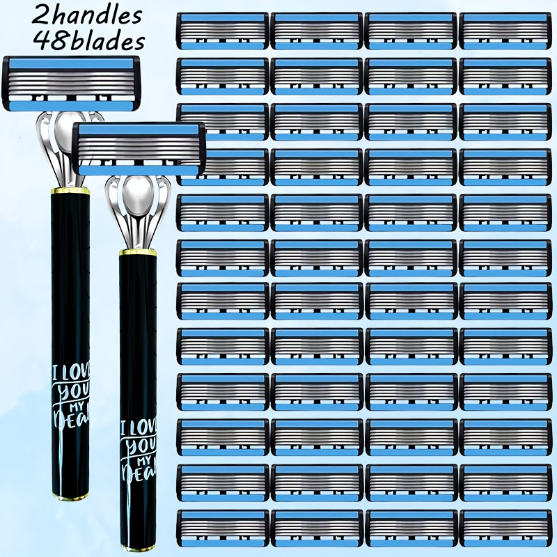 Manual Classic Razor, Six-layer Blade Razor, Unisex Shaving Tool, Includes 2 Premium Razor Handles And 48 Replacement , Reusable Multiple Times
