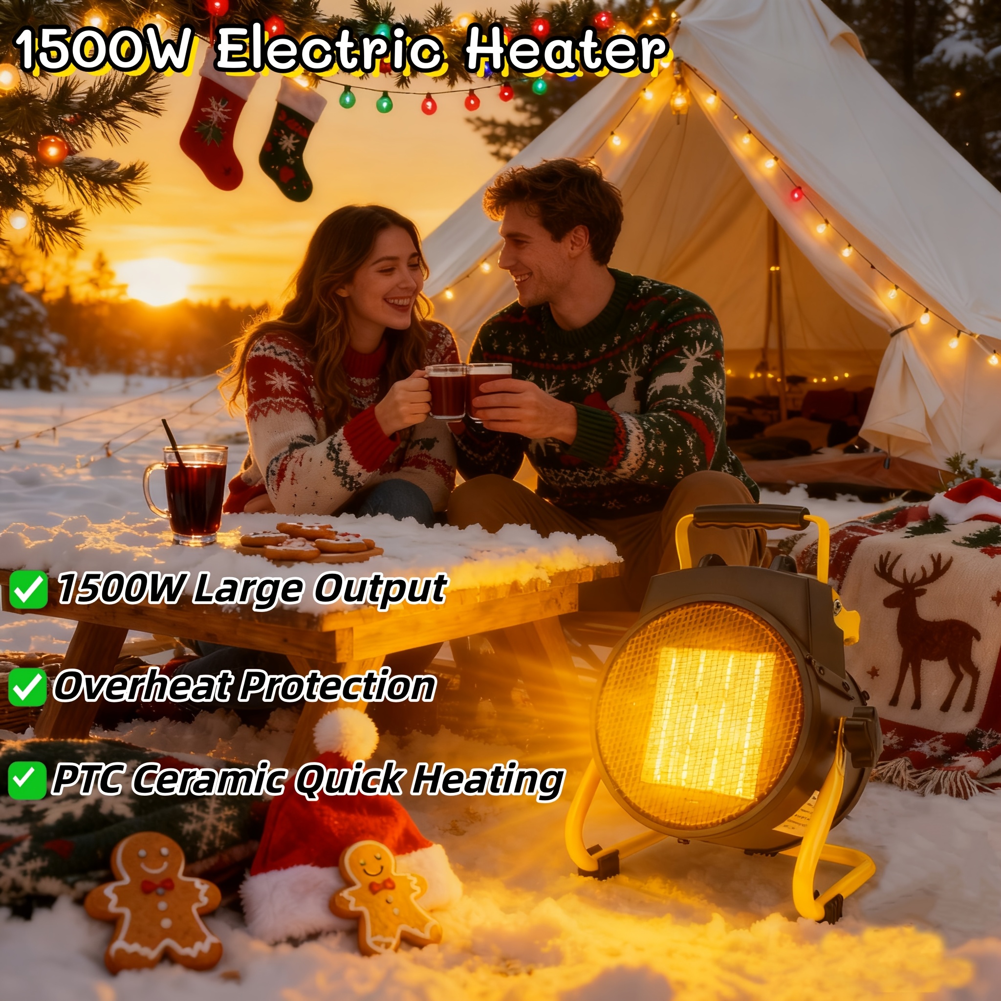 TEMU 1500w Electric Heater, Christmas Gifts, Portable Handle Heater, 3s , Protection Patio Heater With Anti-slip Design, Camping Gear And