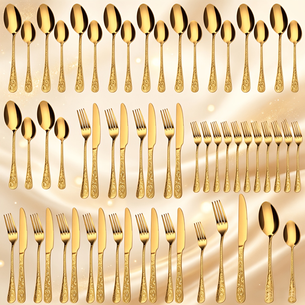 TEMU Service de table sculpté vintage doré de 60 pièces pour 12 personnes, service de couverts en acier inoxydable avec couteau//cuillère, service de