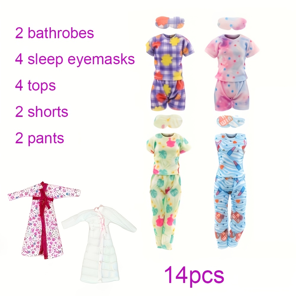 TEMU Ensemble de 14 pièces comprenant 4 masques pour , 2 peignoirs, 4 pyjamas à manches courtes, 2 shorty, 2 pantalons adaptés aux poupées de 30 cm,