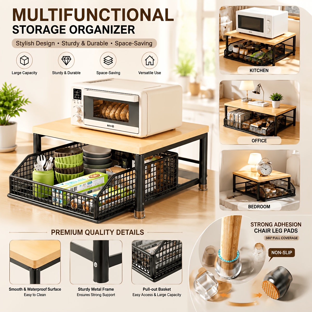 TEMU Heavy-duty Reinforced Double-tier Shelf,home Kitchen Microwave Rack, Solid Wood Panelmulti-functional Utensil And Food Organizer