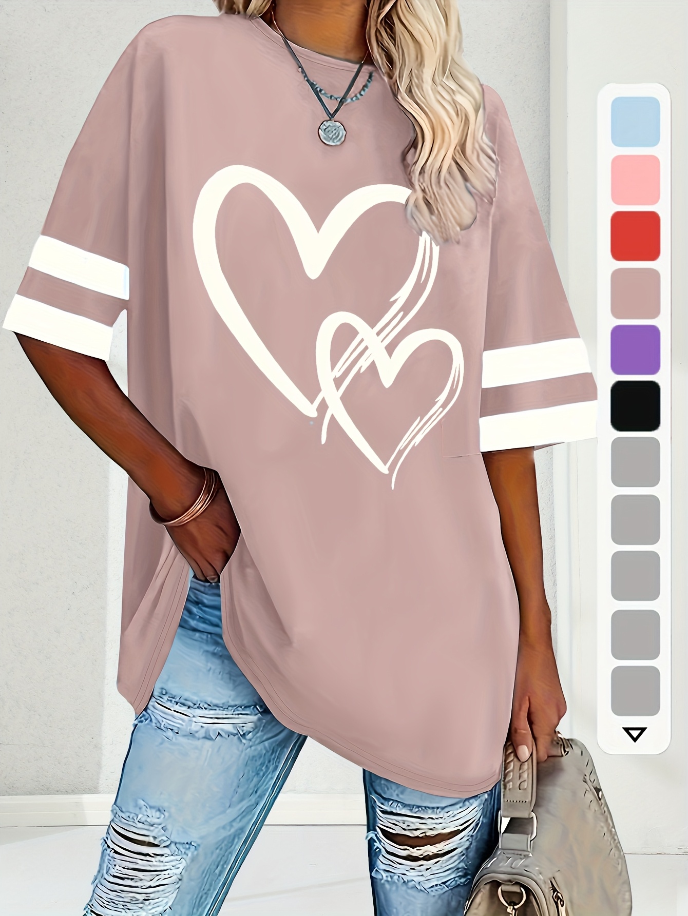 Women'S Plus Size Casual Short Sleeve T-Shirt with Elegant Heart Design - Soft, Comfortable Pullover for Spring/Summer/Fall, Plus Size Blouses
