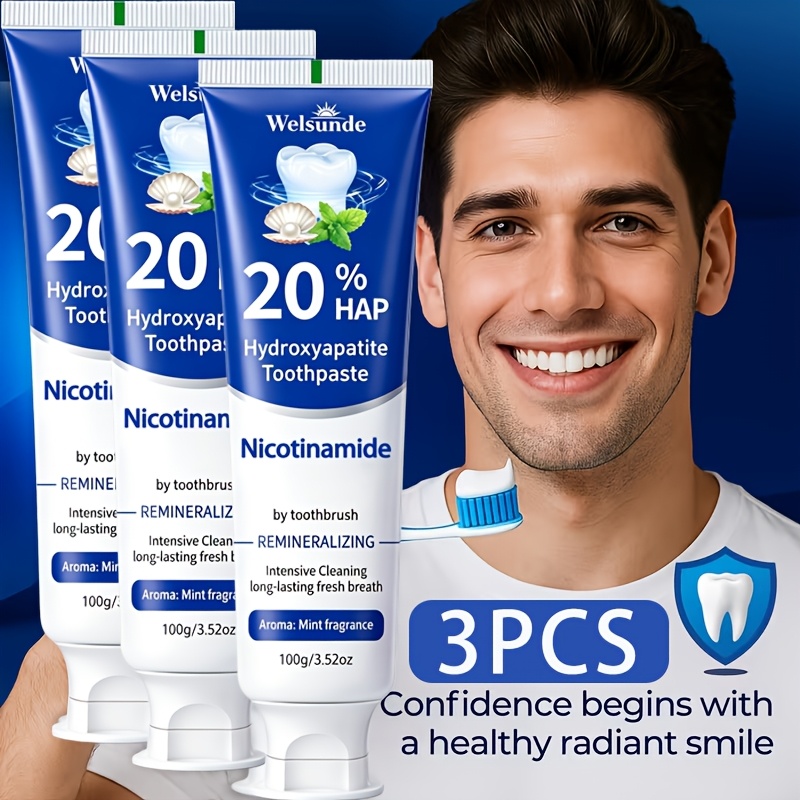 Image of 3pcs 20% Hydroxyapatite Mint Toothpaste, Gentle Daily Oral Care, Deep Cleansing & Long- Breath, Reduce Unpleasant Mouth, Great Hygiene Gift For , Portable For Home & Travel Use