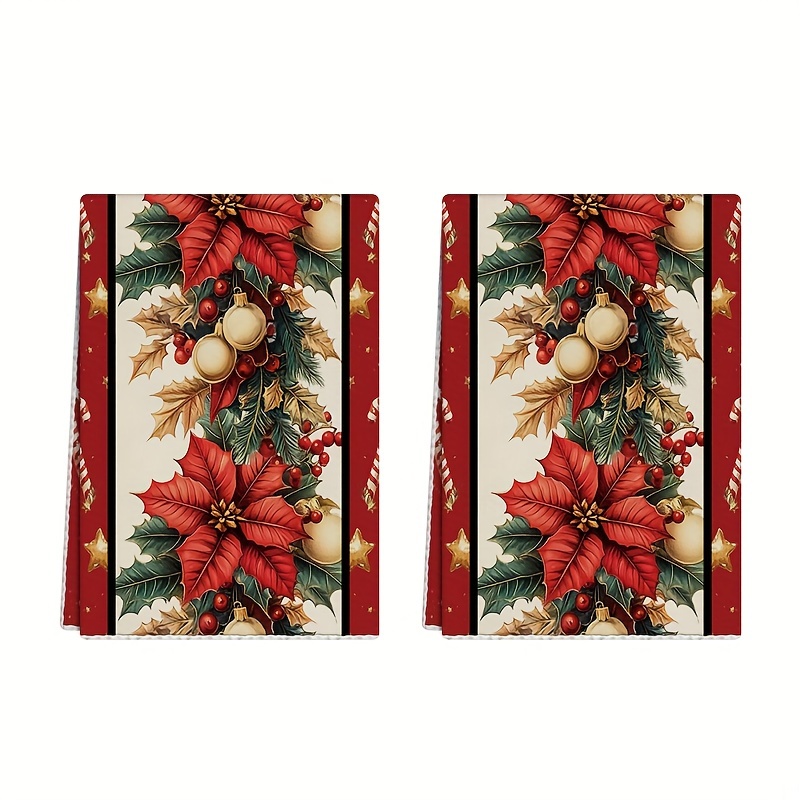 

2pcs Vintage Christmas Kitchen Towels - , Santa & | Machine Washable Polyester Dish Cloths For Holiday Decor