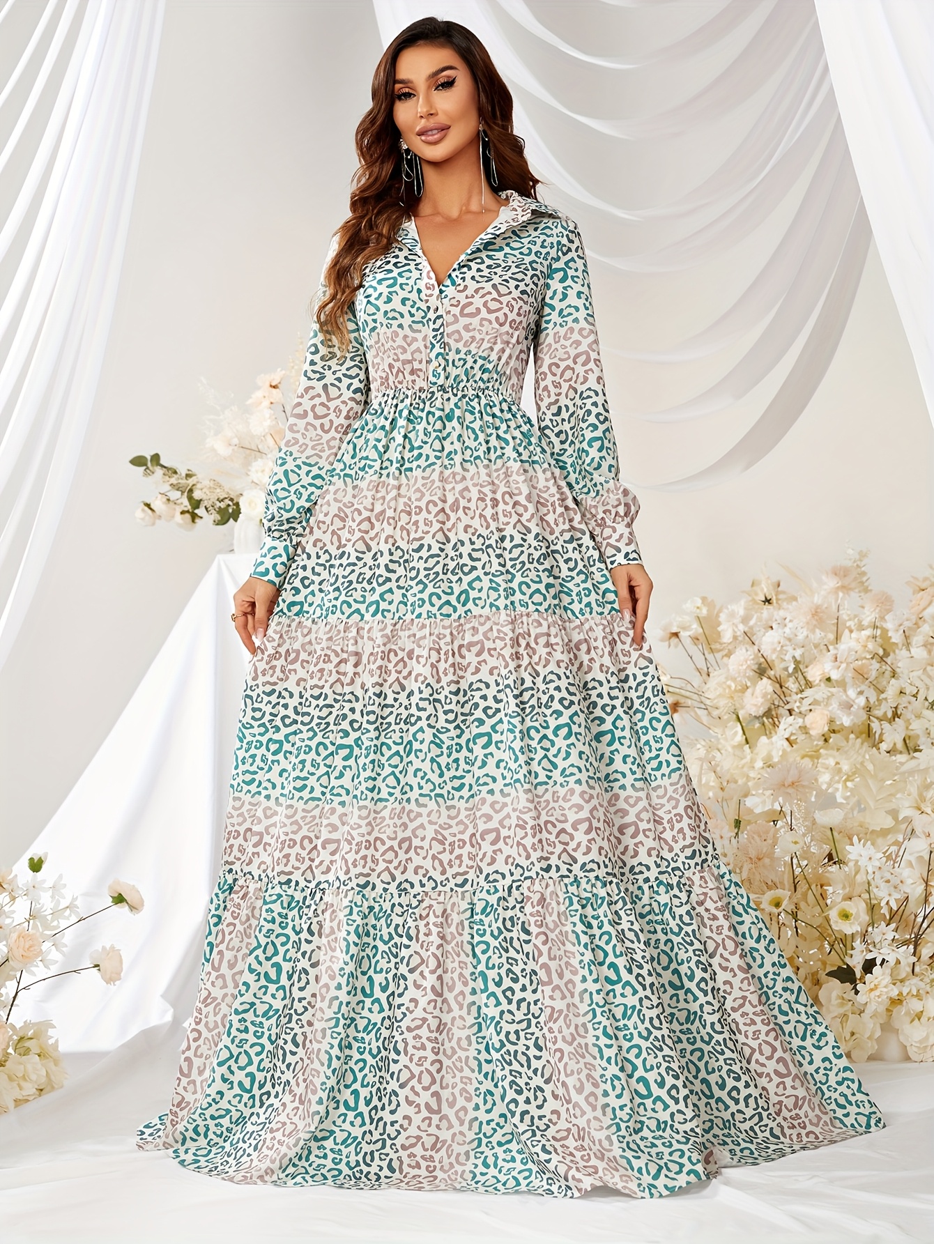 elegant long sleeve floral print maxi dress women teal white