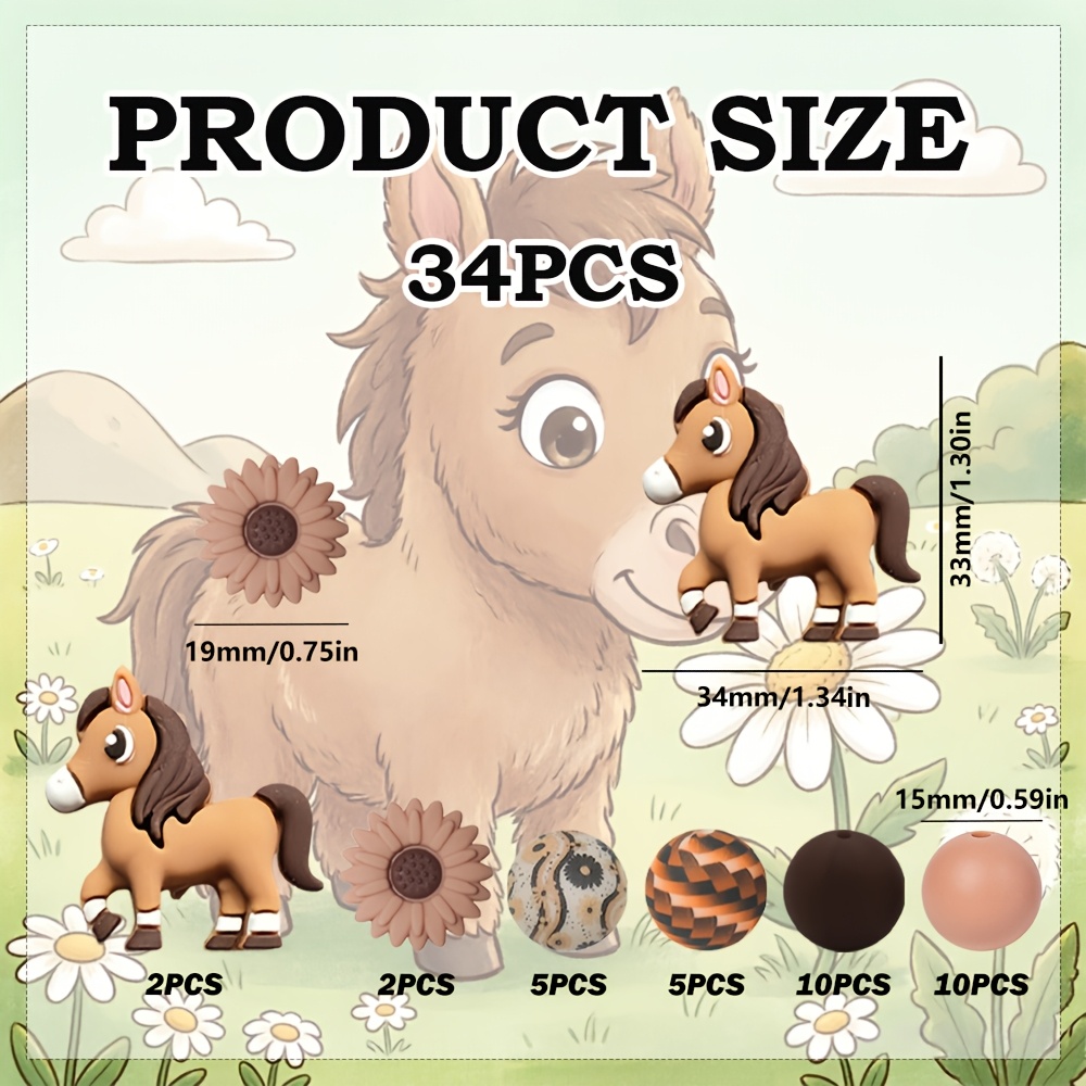TEMU This 34pcs Silicone Bead Set Features A , Including Round Beads And Printed Beads, With A Design, Perfect For Projects, Holiday Gifts, Or For