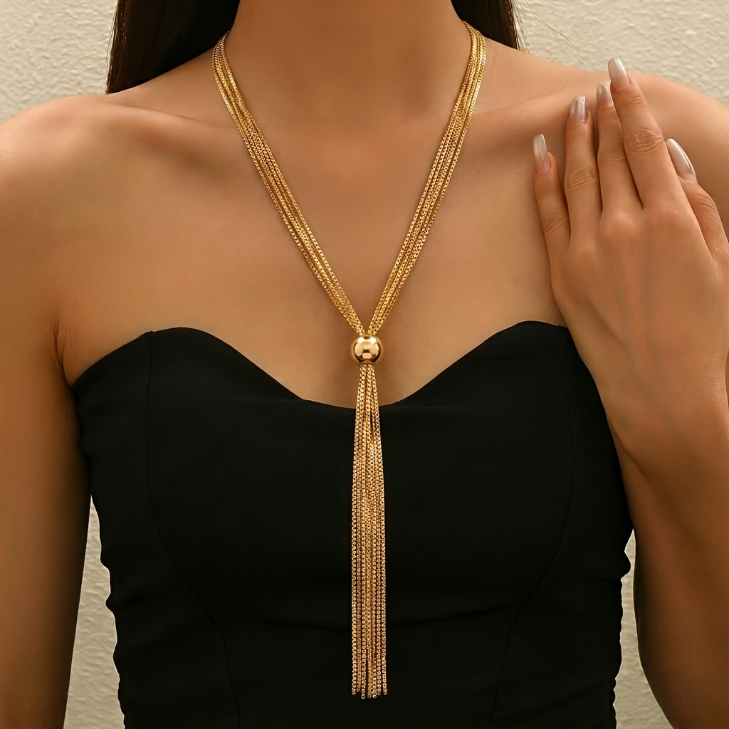 TEMU 1 Strand Tassel Y-necklace European And Thin Chain Layered + Metal Ball + Long Tassel Pendant Suitable For Elegant Women To Match With Tube Top
