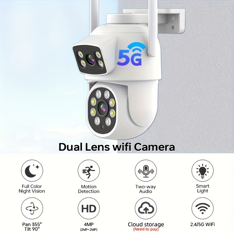 2.4G&5G Wifi Dual Lens Surveillance Camera Outdoor, 4MP(2MP+2MP) WiFi PTZ  Cameras for Home Security with Clolor Night Vision, AI Motion Detection,  Auto Tracking,2 Way Audio,,Work for Eseecloud