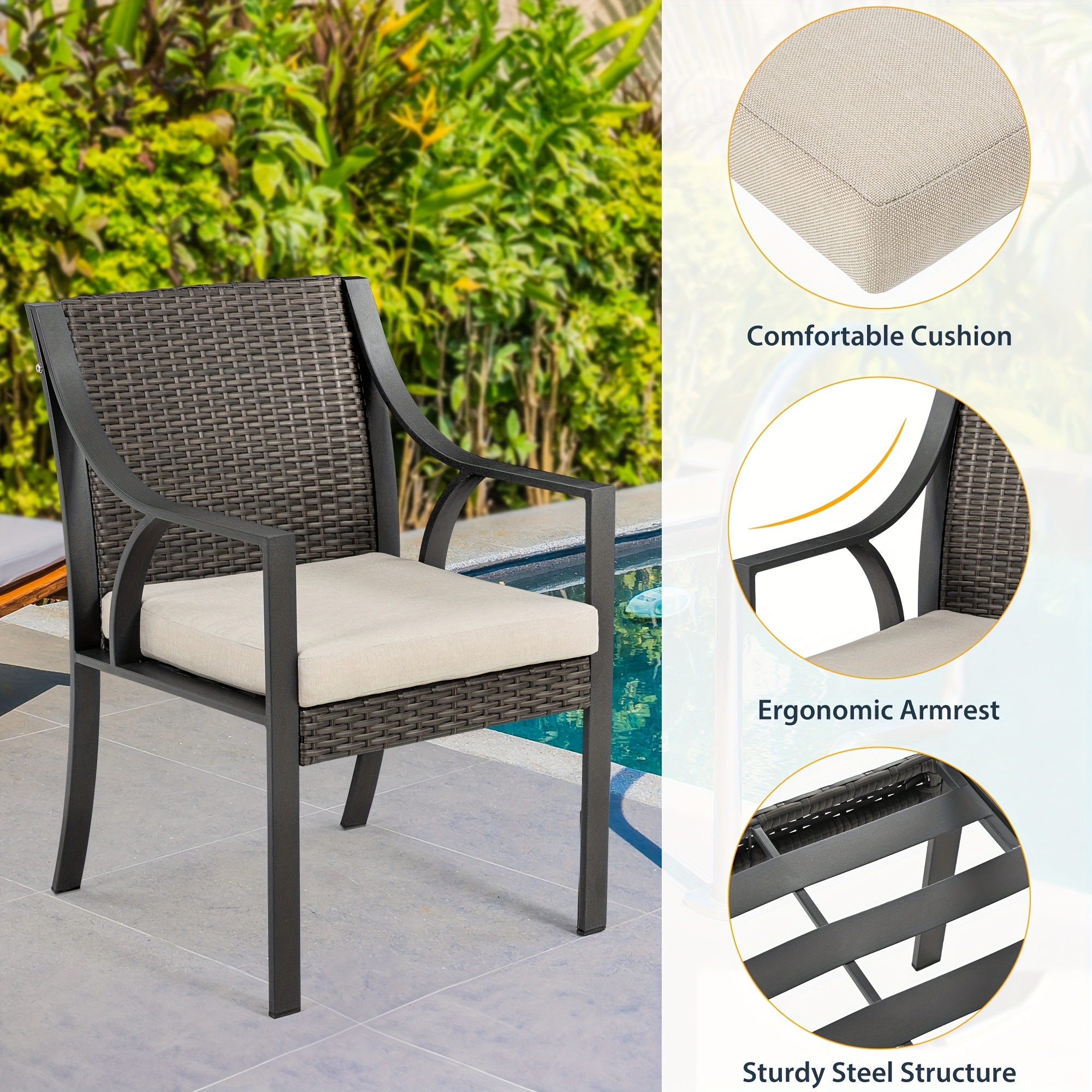 Patio 7pcs Patio Dining Set, All Weather PE Rattan Dining Table Set, Outdoor Dining Sets for 6, Metal Dining Table with Umbrella Hole & 6 Cushioned Chairs for Patio, Yard, Porch