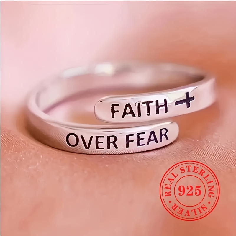 

925 Sterling Silver Open Adjustable Lettering Faith Ring For Women Easter Holiday Finger Jewelry