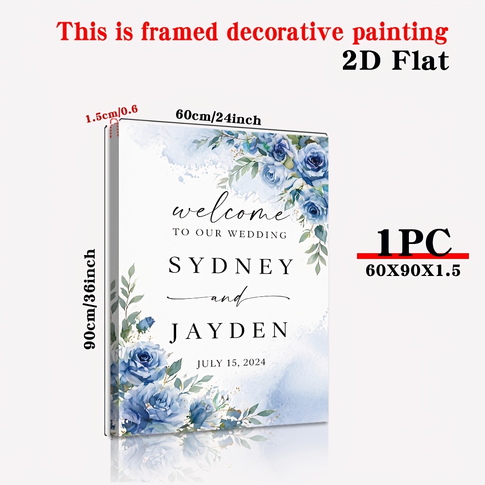 TEMU 2d Flat, 2d Flat, [2d Flat] 1pc Framed Personalized Canvas Wall Art - Custom Name, Elegant Blue Floral Wedding Welcome Canvas, Fashion
