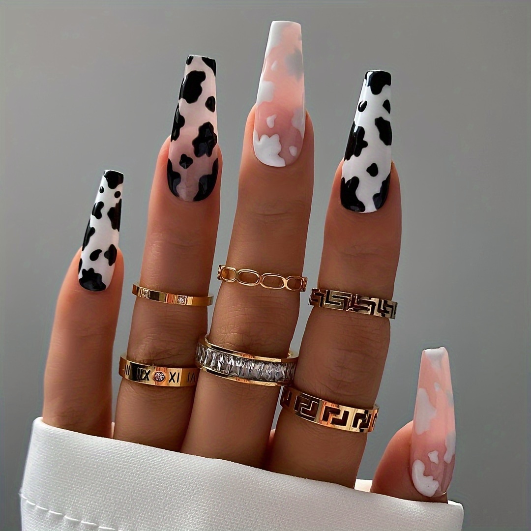 

24-piece Mixed Color Long Almond-shaped Nail Tips With Glossy Geometric Cow Print Design, Includes Jelly Glue & Filing Stick