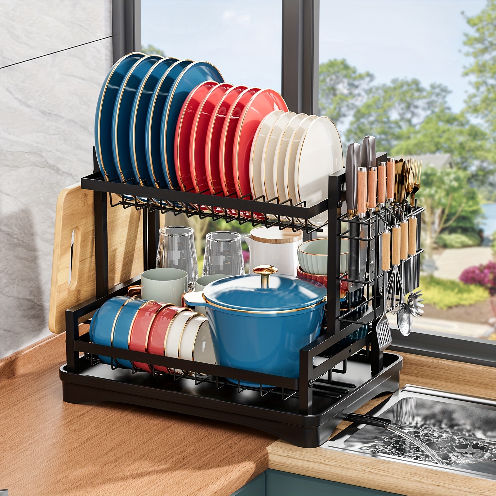 

Space-saving Kitchen Organizer With Faucet Sponge Holder - Multifunctional Dish Rack, Cutlery & Utensil Storage With Drain Tray And