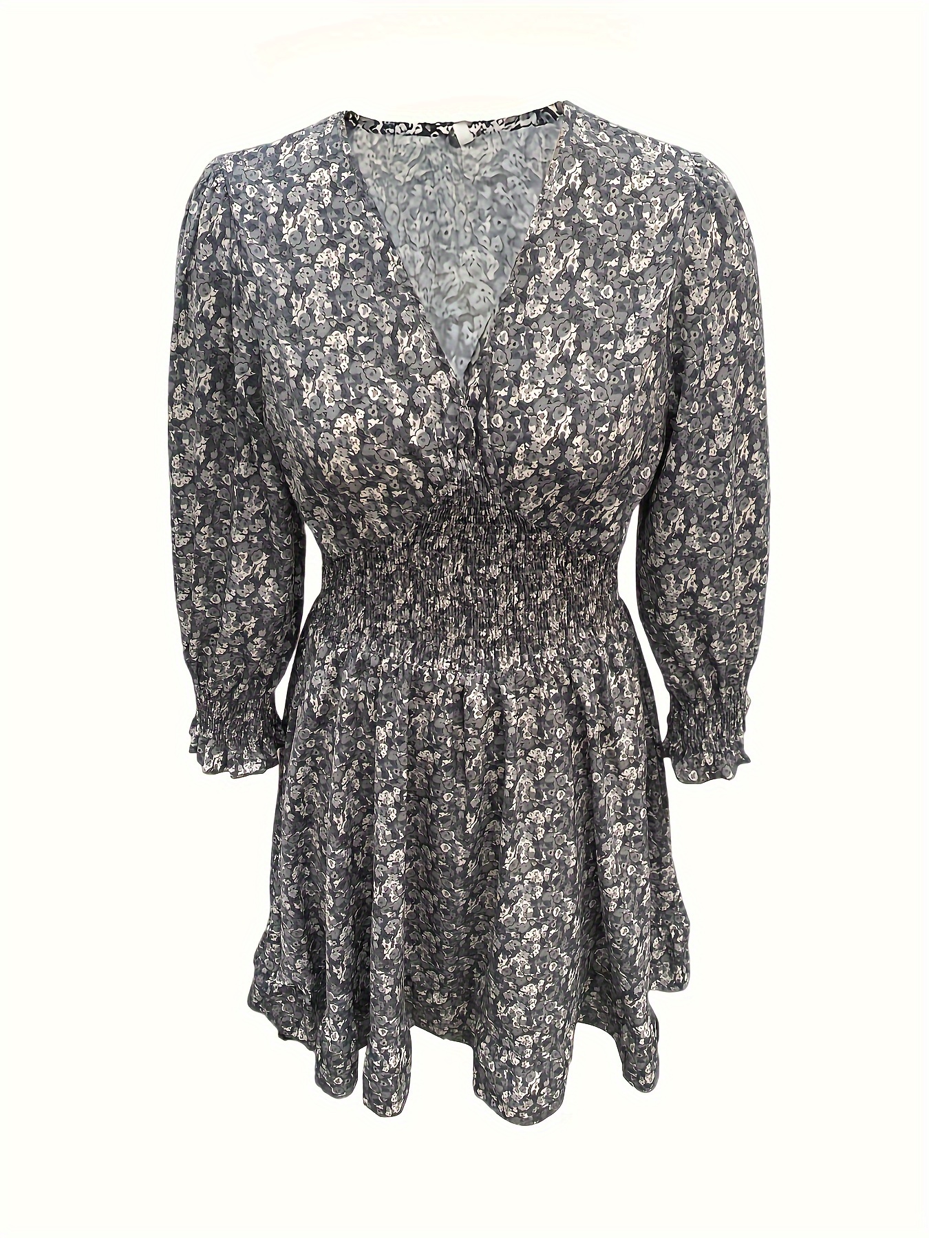shirred waist v neck dress floral print elegant 3 4 sleeve dress for   womens clothing details 4