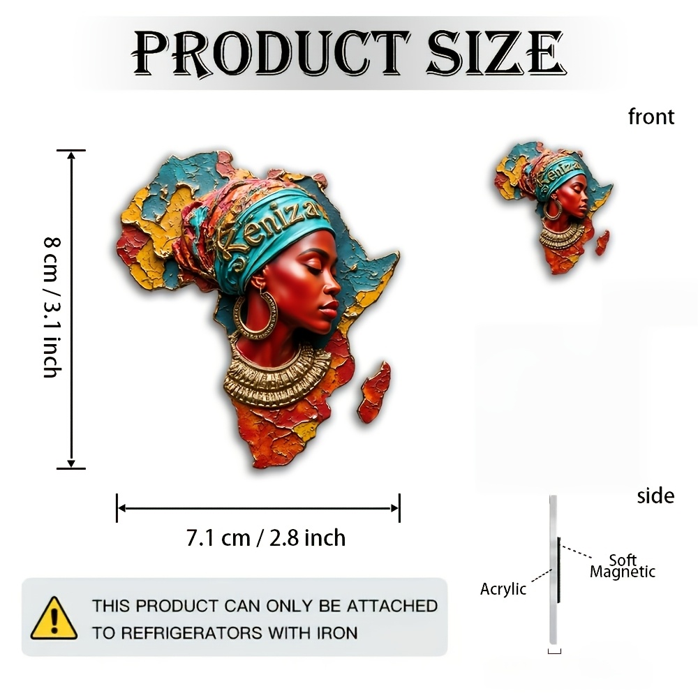 TEMU 1pc Acrylic 1pc 2d Flat Acrylic Rubber Soft Magnet, Featuring Exquisite African-themed Art Badge - Vibrant Map With Female Portrait And Keniza