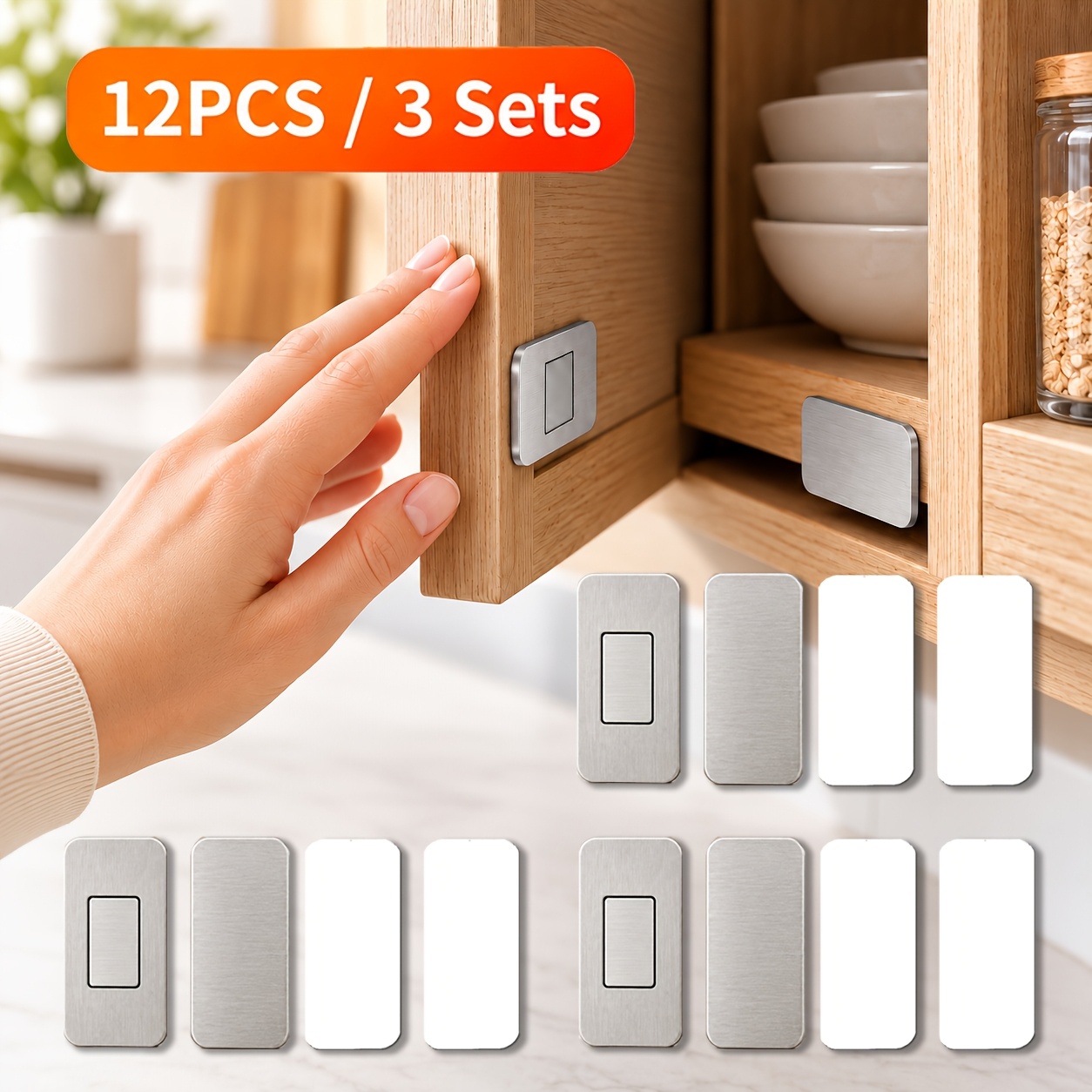 TEMU 12 stuks, 3 sets, roestvrijstalen ultradunne, zeer stevige magnetische kastdeurgrepen, zelfklevende kastdeurmagneten zonder boren, deurstoppers