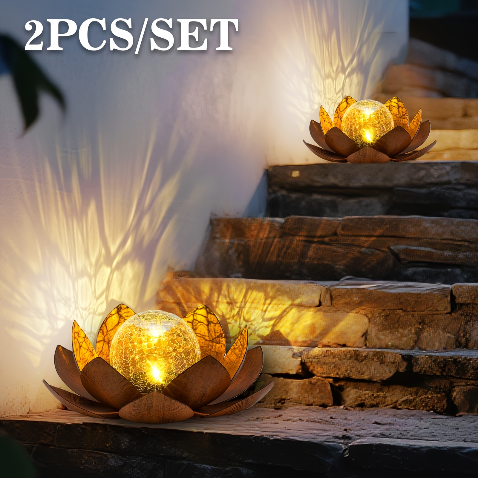 TEMU 2pcs Solar Outdoor Decoration Waterproof For Lotus Lamp, Garden Decoration Metal Cracked Ball Glass For Lotus Lamp, Suitable For Indoor And